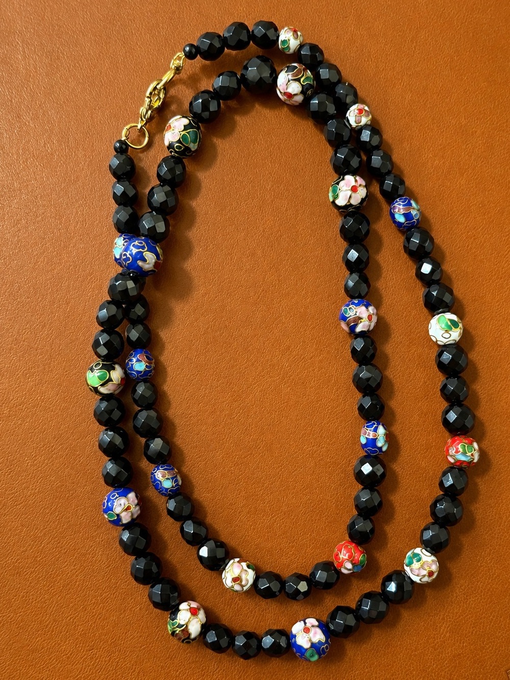 Beautiful Necklace with Floral Cloisonné & Onyx Beads